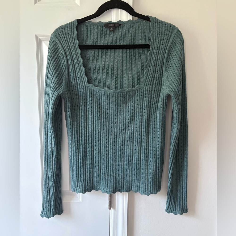 J. Crew Scalloped- Edge Pointelle Green Wool Sweater - Picture 3 of 10